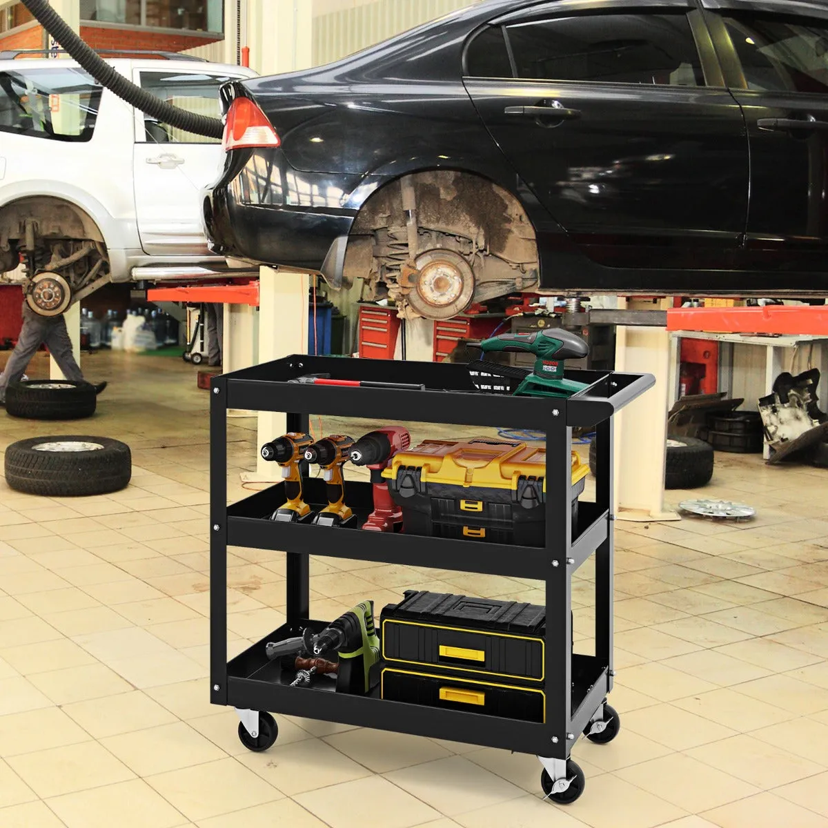 3-Tier Tool Trolley with Handle and Lockable Wheels-Black