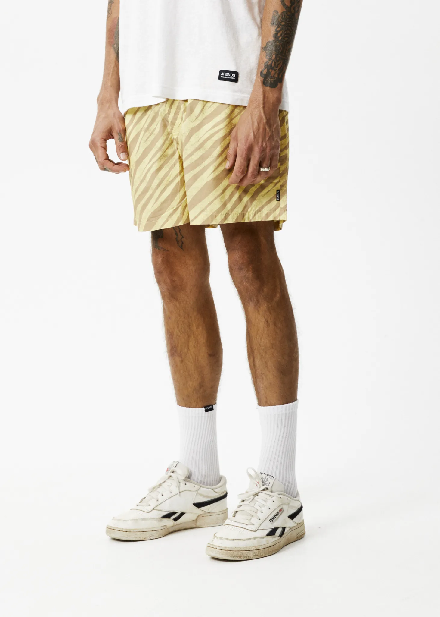 Afends Mens Baywatch Atmosphere - Organic Elastic Waist Shorts - Butter Stripe