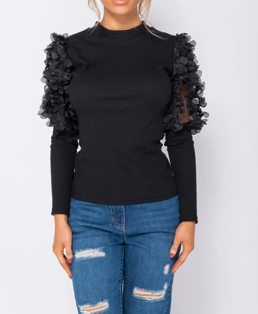 Black Sheer Frill Sleeve High Neck  Rib Knit Top