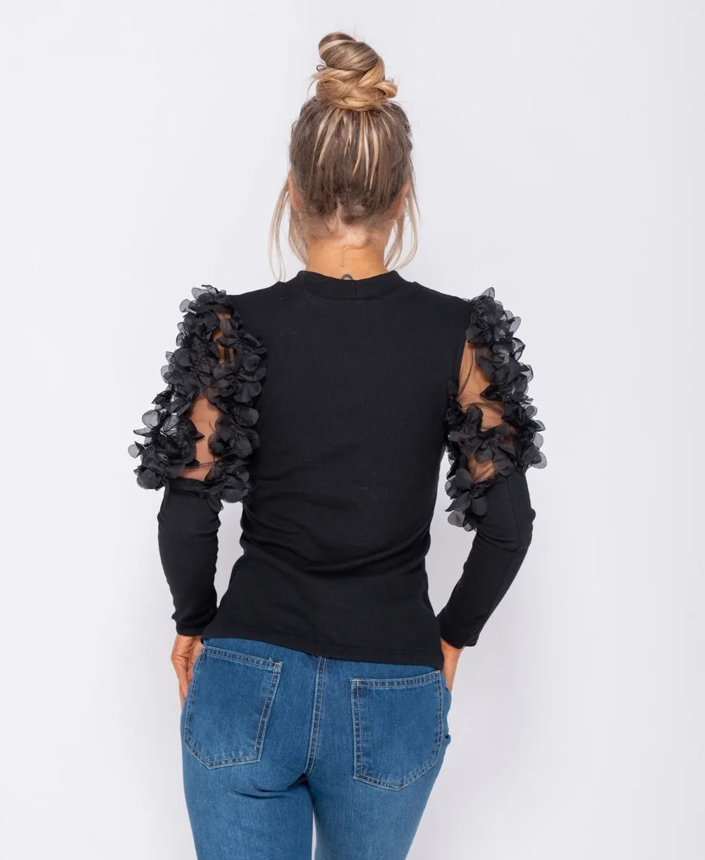 Black Sheer Frill Sleeve High Neck  Rib Knit Top