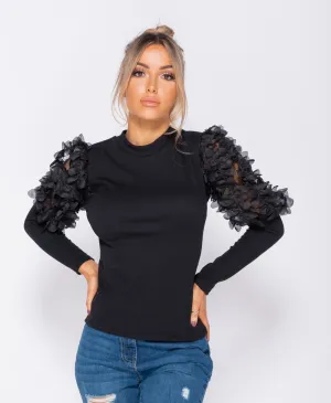 Black Sheer Frill Sleeve High Neck  Rib Knit Top