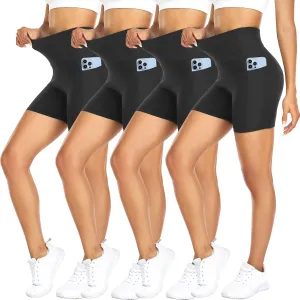 FULLSOFT 4 Pack Biker Shorts for Women with Pockets  5" High Waisted Tummy Control Workout Yoga Running Gym Tennis Shorts