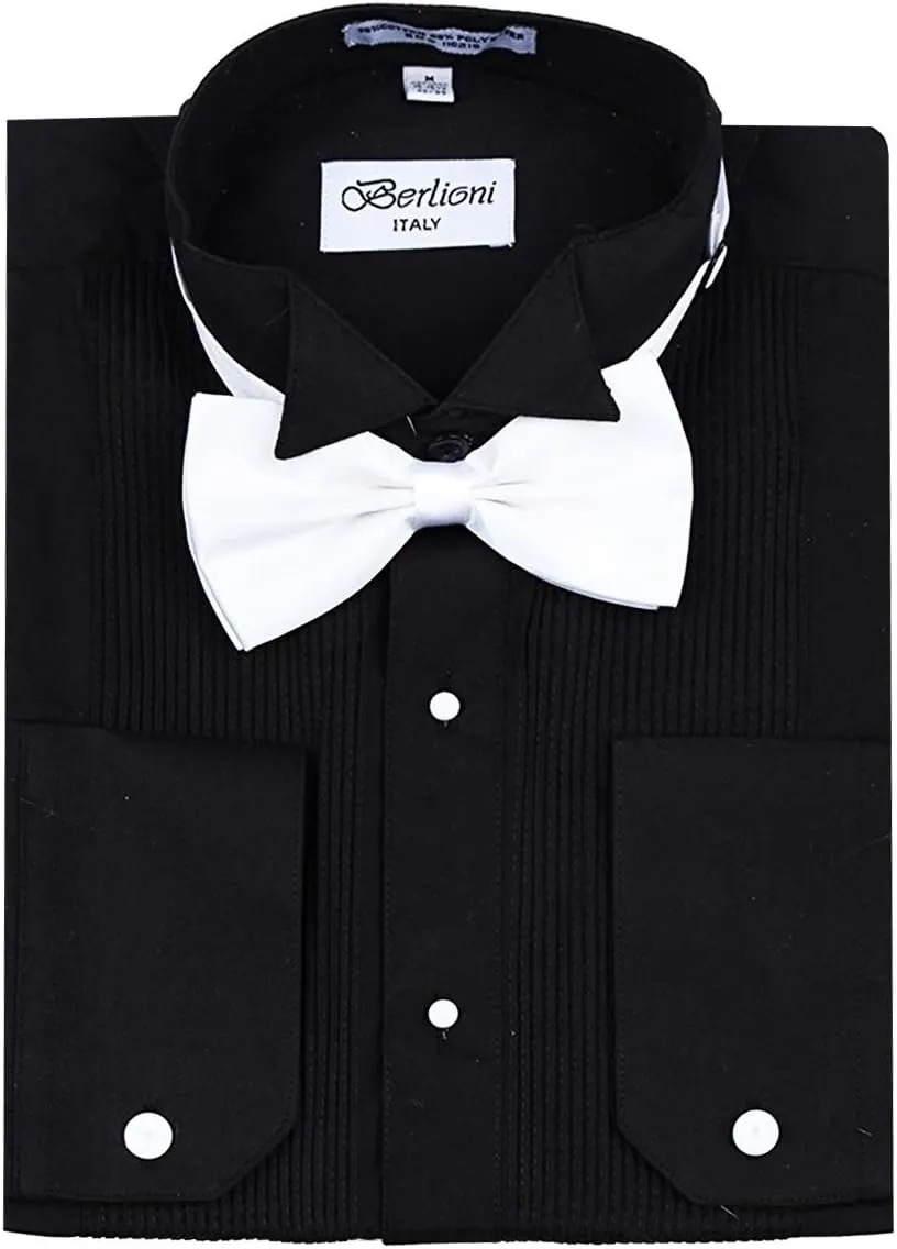 Mens Long Sleeve Tuxedo Dress Shirt Bow Tie French Convertible Cuffs