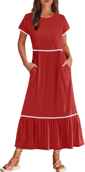 MEROKEETY Women's Summer Cap Sleeve Maxi Dresses Casual Crew Neck Flowy Tiered Beach Dress with Pockets