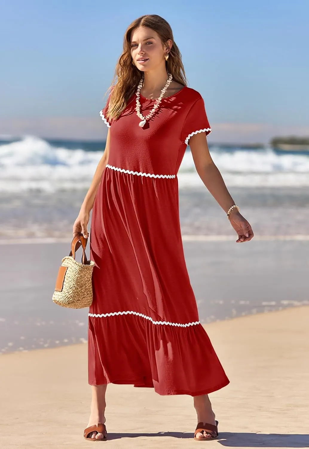 MEROKEETY Women's Summer Cap Sleeve Maxi Dresses Casual Crew Neck Flowy Tiered Beach Dress with Pockets
