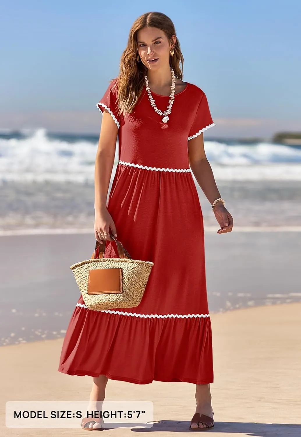 MEROKEETY Women's Summer Cap Sleeve Maxi Dresses Casual Crew Neck Flowy Tiered Beach Dress with Pockets