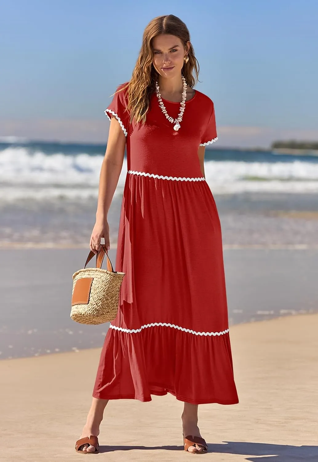 MEROKEETY Women's Summer Cap Sleeve Maxi Dresses Casual Crew Neck Flowy Tiered Beach Dress with Pockets