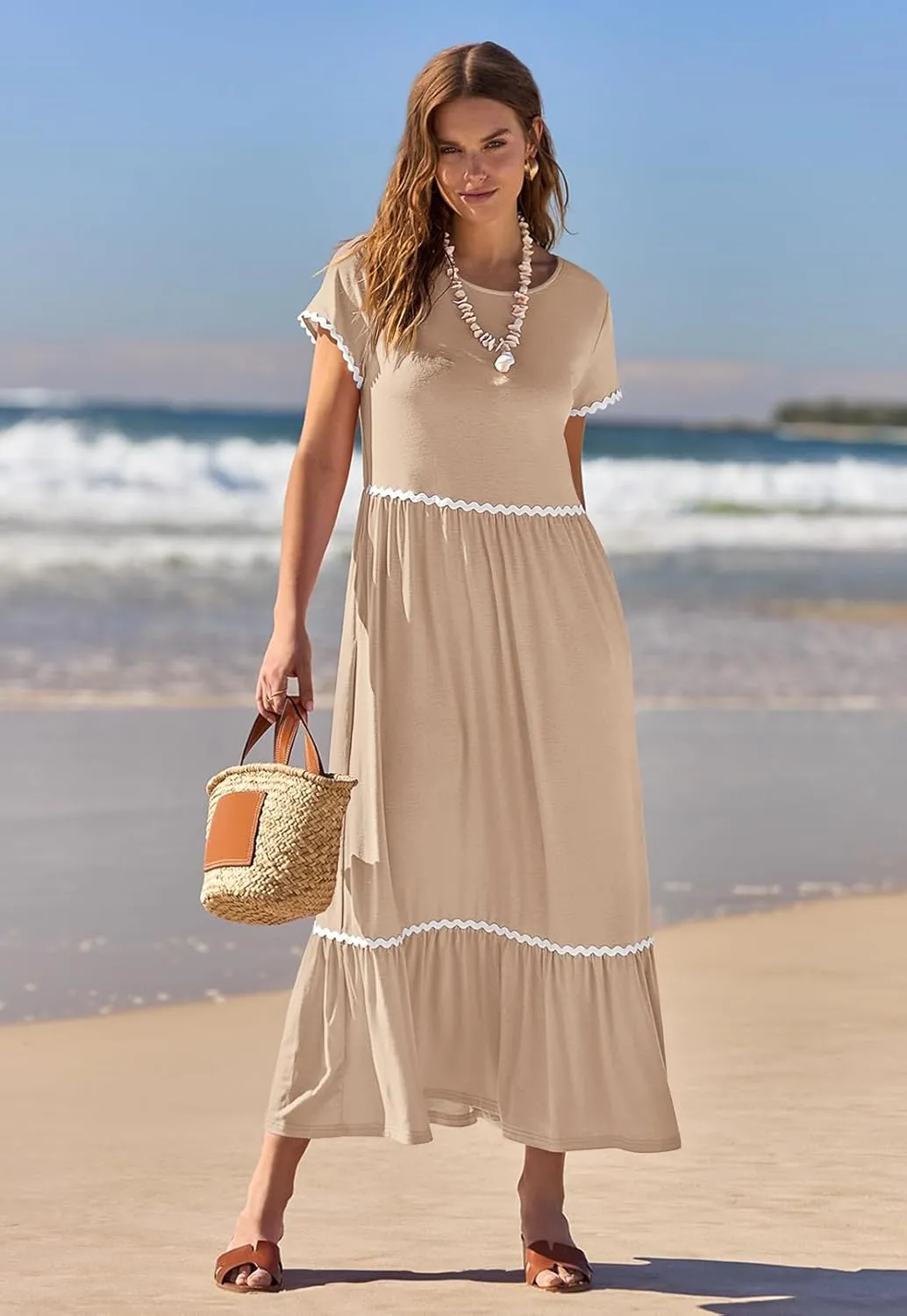 MEROKEETY Women's Summer Cap Sleeve Maxi Dresses Casual Crew Neck Flowy Tiered Beach Dress with Pockets