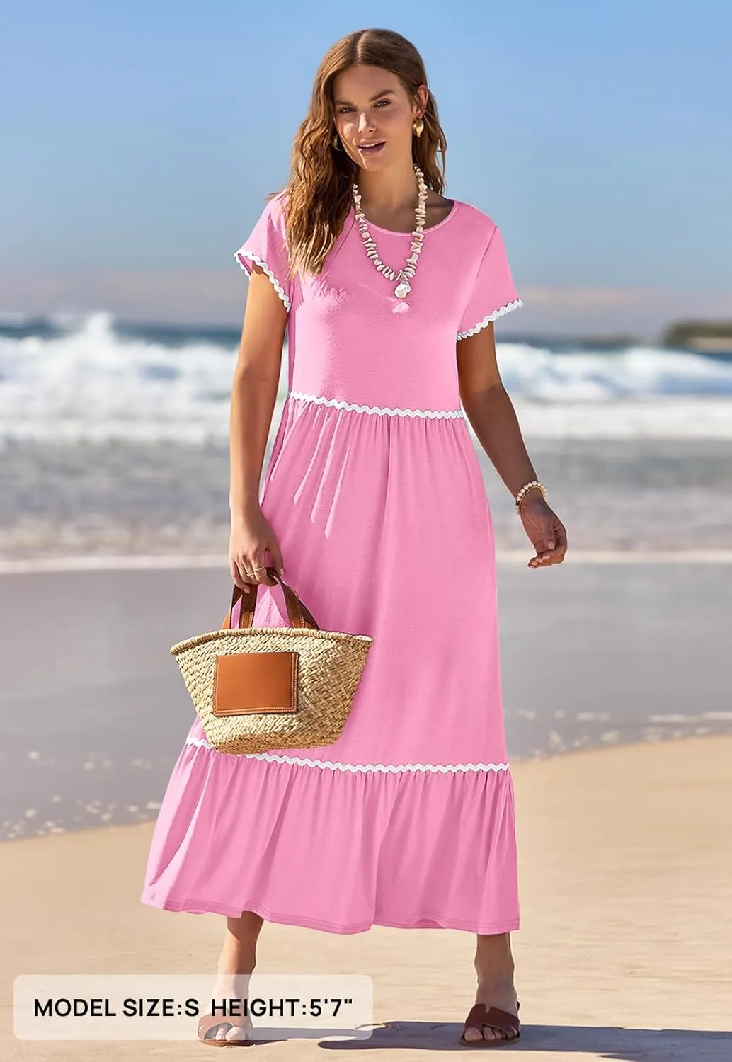 MEROKEETY Women's Summer Cap Sleeve Maxi Dresses Casual Crew Neck Flowy Tiered Beach Dress with Pockets
