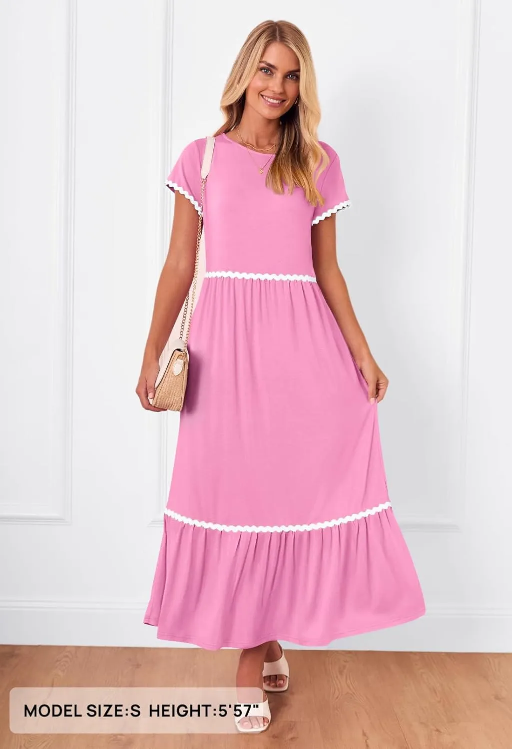 MEROKEETY Women's Summer Cap Sleeve Maxi Dresses Casual Crew Neck Flowy Tiered Beach Dress with Pockets