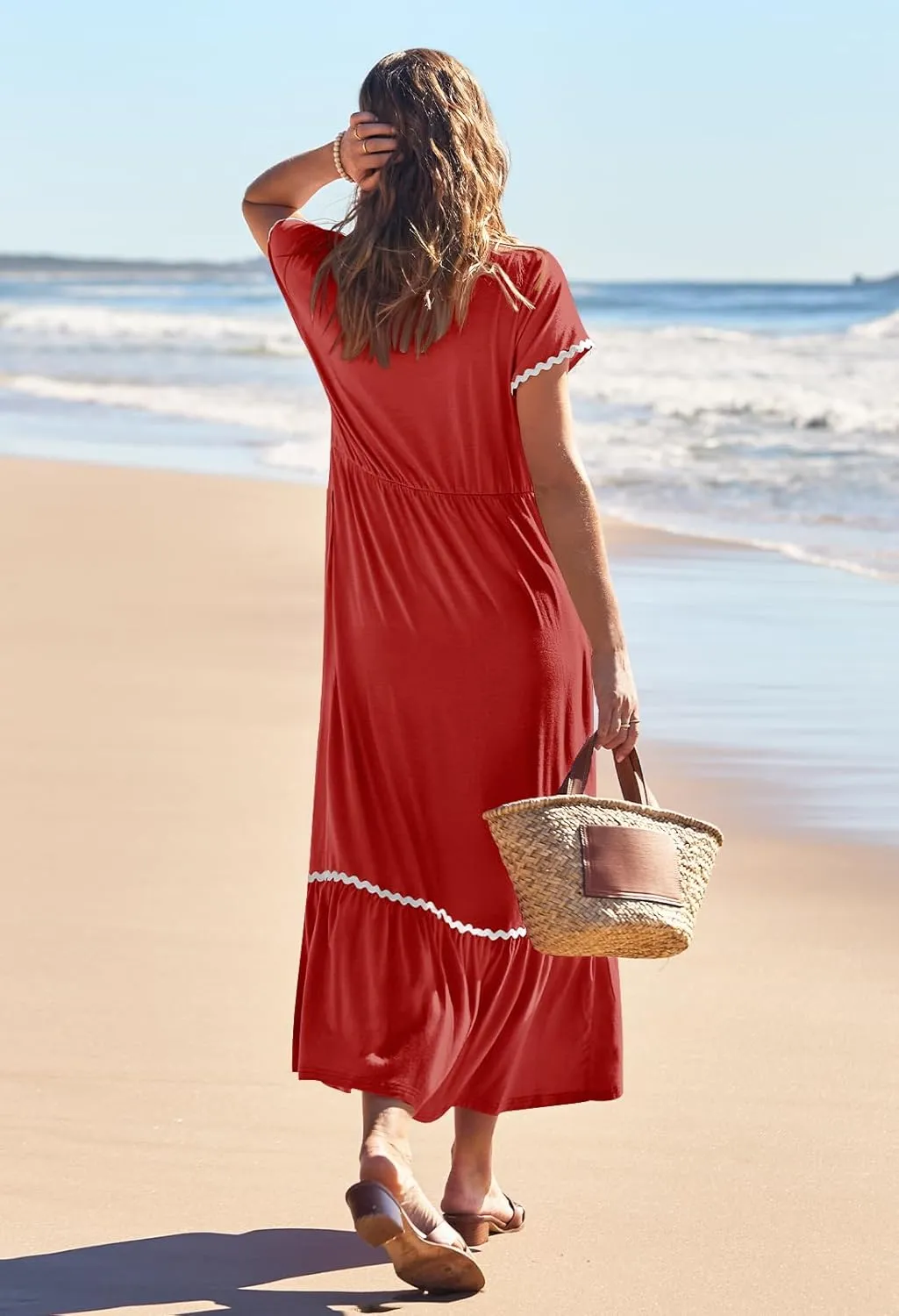 MEROKEETY Women's Summer Cap Sleeve Maxi Dresses Casual Crew Neck Flowy Tiered Beach Dress with Pockets