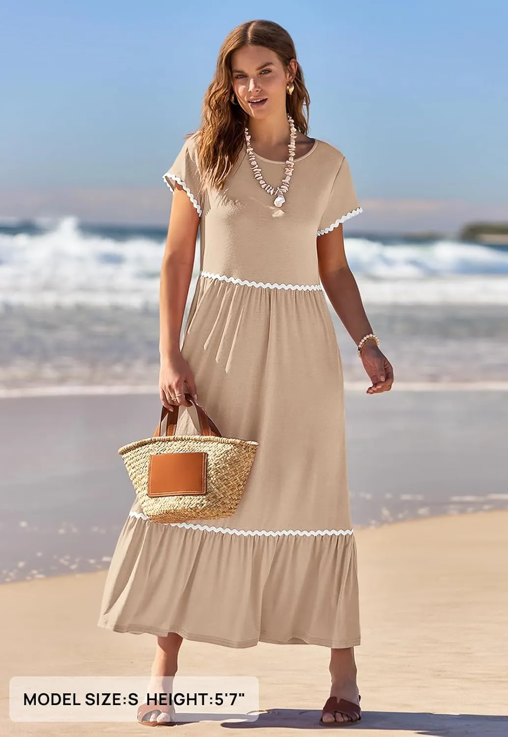MEROKEETY Women's Summer Cap Sleeve Maxi Dresses Casual Crew Neck Flowy Tiered Beach Dress with Pockets