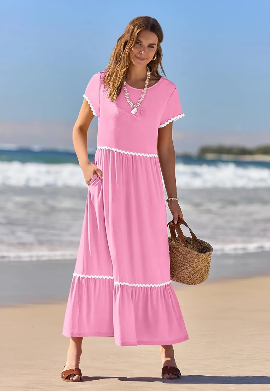 MEROKEETY Women's Summer Cap Sleeve Maxi Dresses Casual Crew Neck Flowy Tiered Beach Dress with Pockets