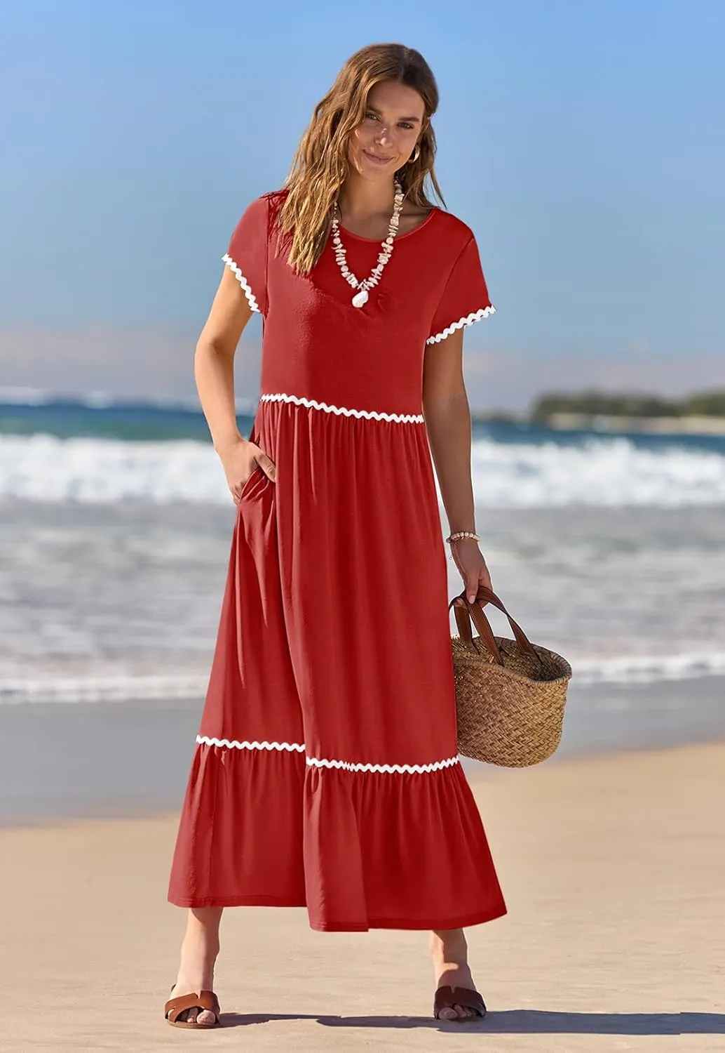 MEROKEETY Women's Summer Cap Sleeve Maxi Dresses Casual Crew Neck Flowy Tiered Beach Dress with Pockets