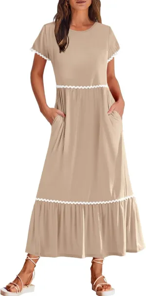 MEROKEETY Women's Summer Cap Sleeve Maxi Dresses Casual Crew Neck Flowy Tiered Beach Dress with Pockets