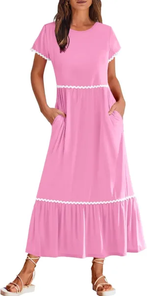 MEROKEETY Women's Summer Cap Sleeve Maxi Dresses Casual Crew Neck Flowy Tiered Beach Dress with Pockets
