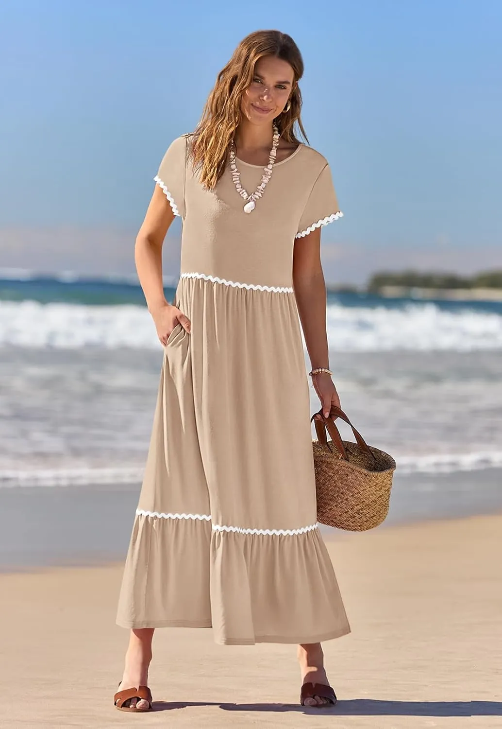 MEROKEETY Women's Summer Cap Sleeve Maxi Dresses Casual Crew Neck Flowy Tiered Beach Dress with Pockets