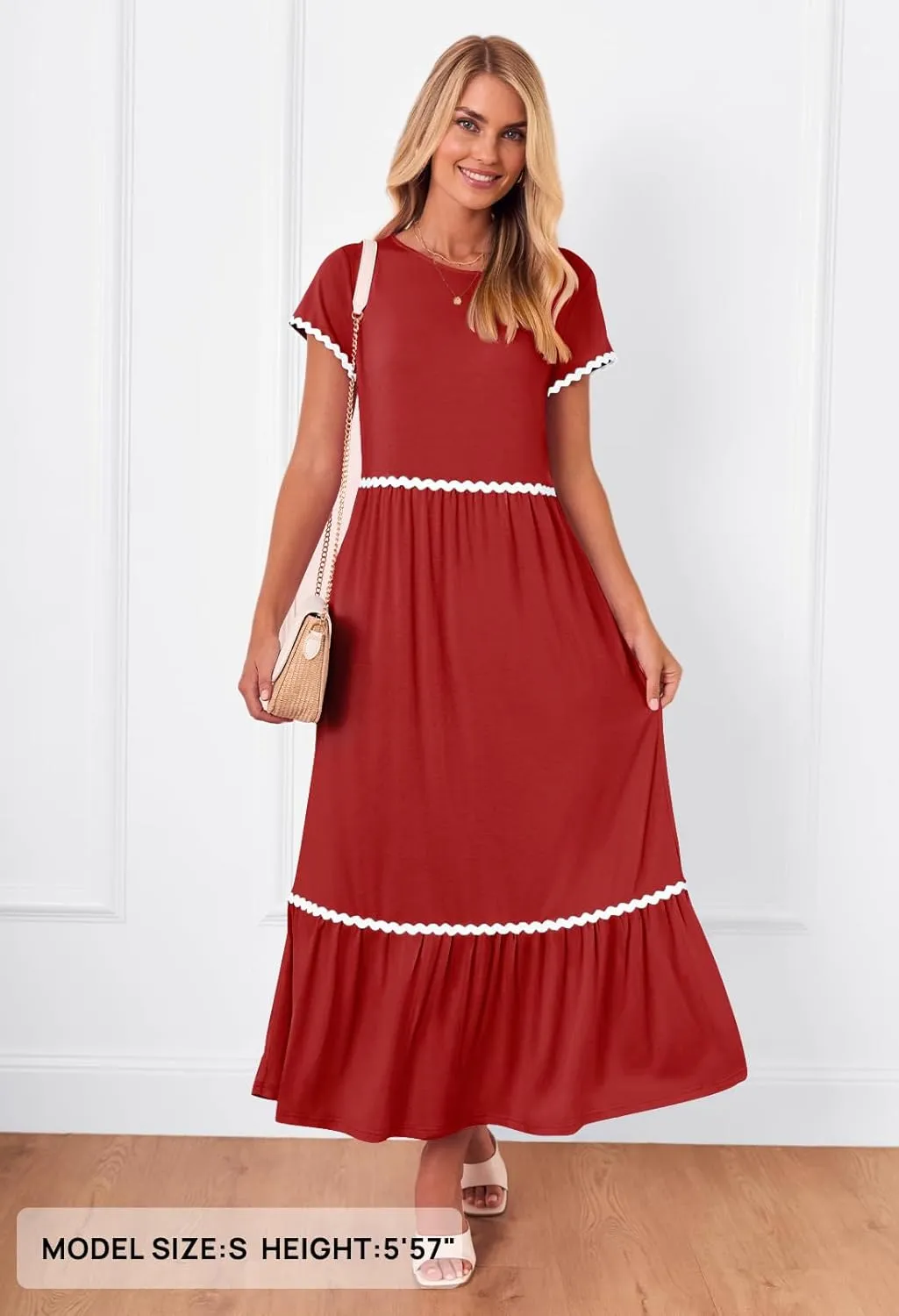 MEROKEETY Women's Summer Cap Sleeve Maxi Dresses Casual Crew Neck Flowy Tiered Beach Dress with Pockets