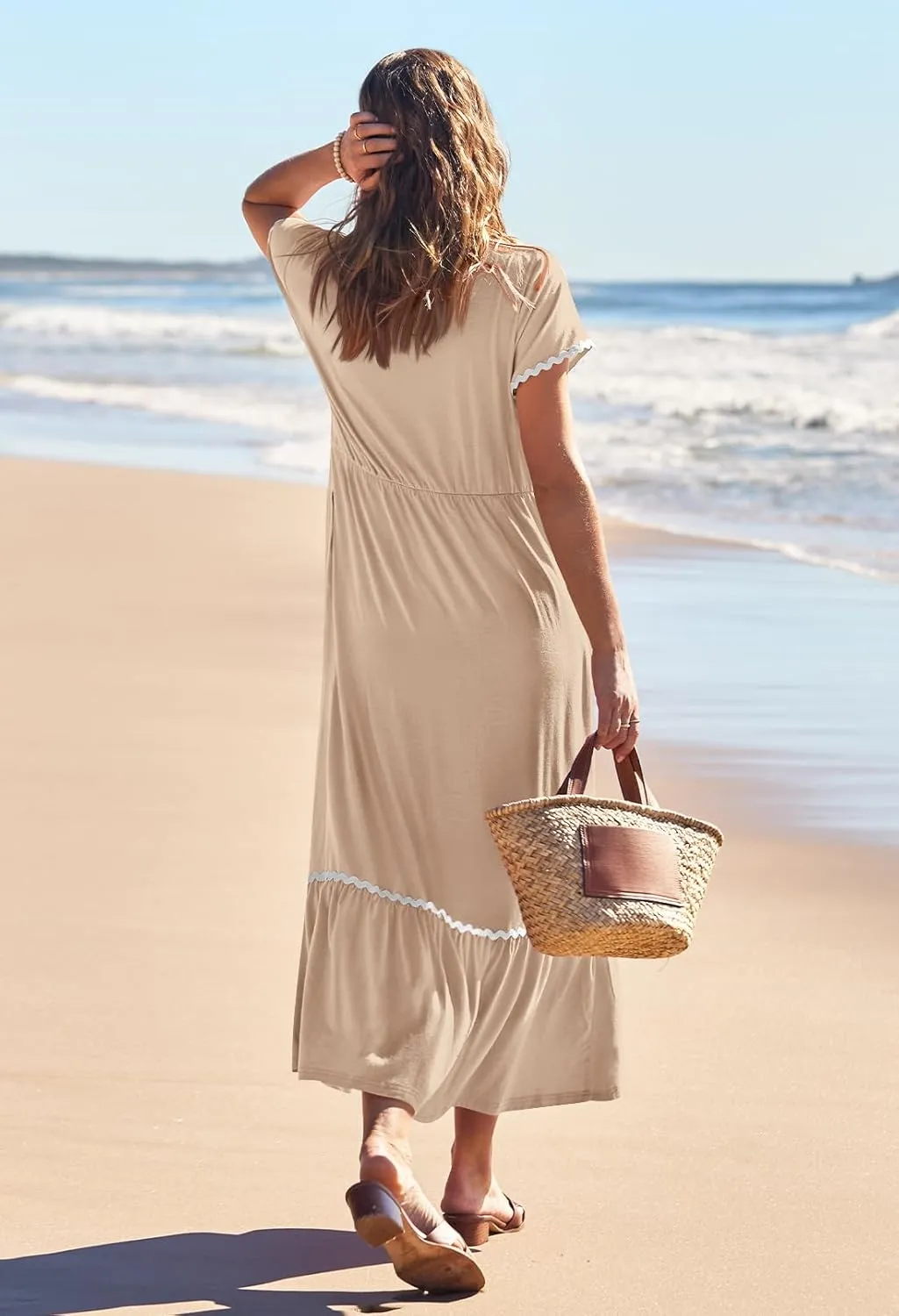 MEROKEETY Women's Summer Cap Sleeve Maxi Dresses Casual Crew Neck Flowy Tiered Beach Dress with Pockets
