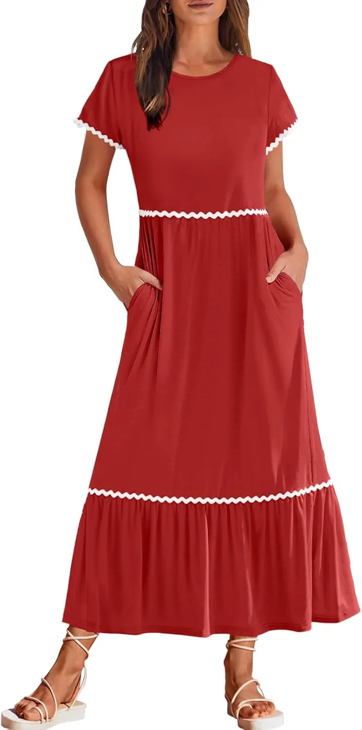 MEROKEETY Women's Summer Cap Sleeve Maxi Dresses Casual Crew Neck Flowy Tiered Beach Dress with Pockets