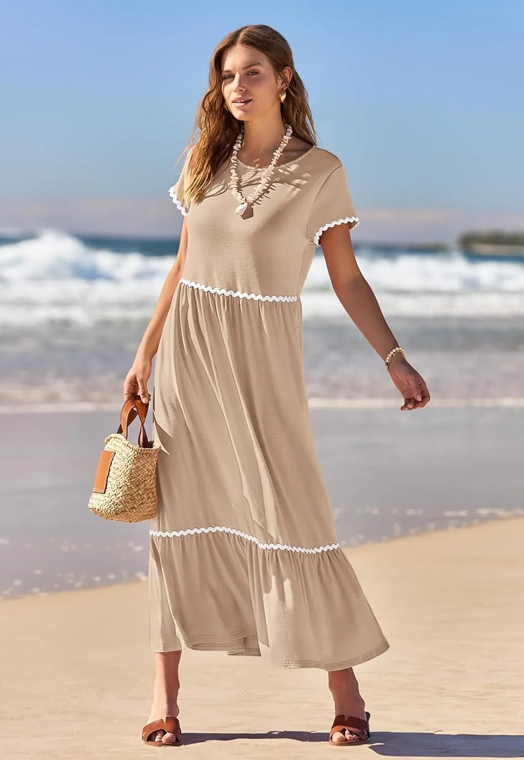 MEROKEETY Women's Summer Cap Sleeve Maxi Dresses Casual Crew Neck Flowy Tiered Beach Dress with Pockets