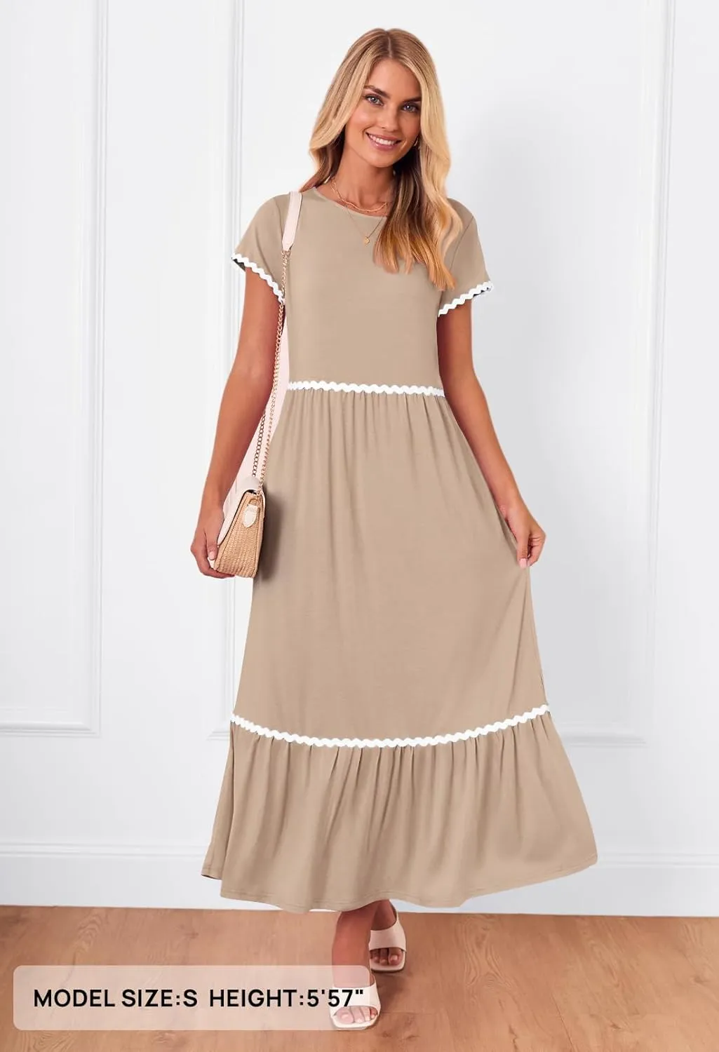 MEROKEETY Women's Summer Cap Sleeve Maxi Dresses Casual Crew Neck Flowy Tiered Beach Dress with Pockets