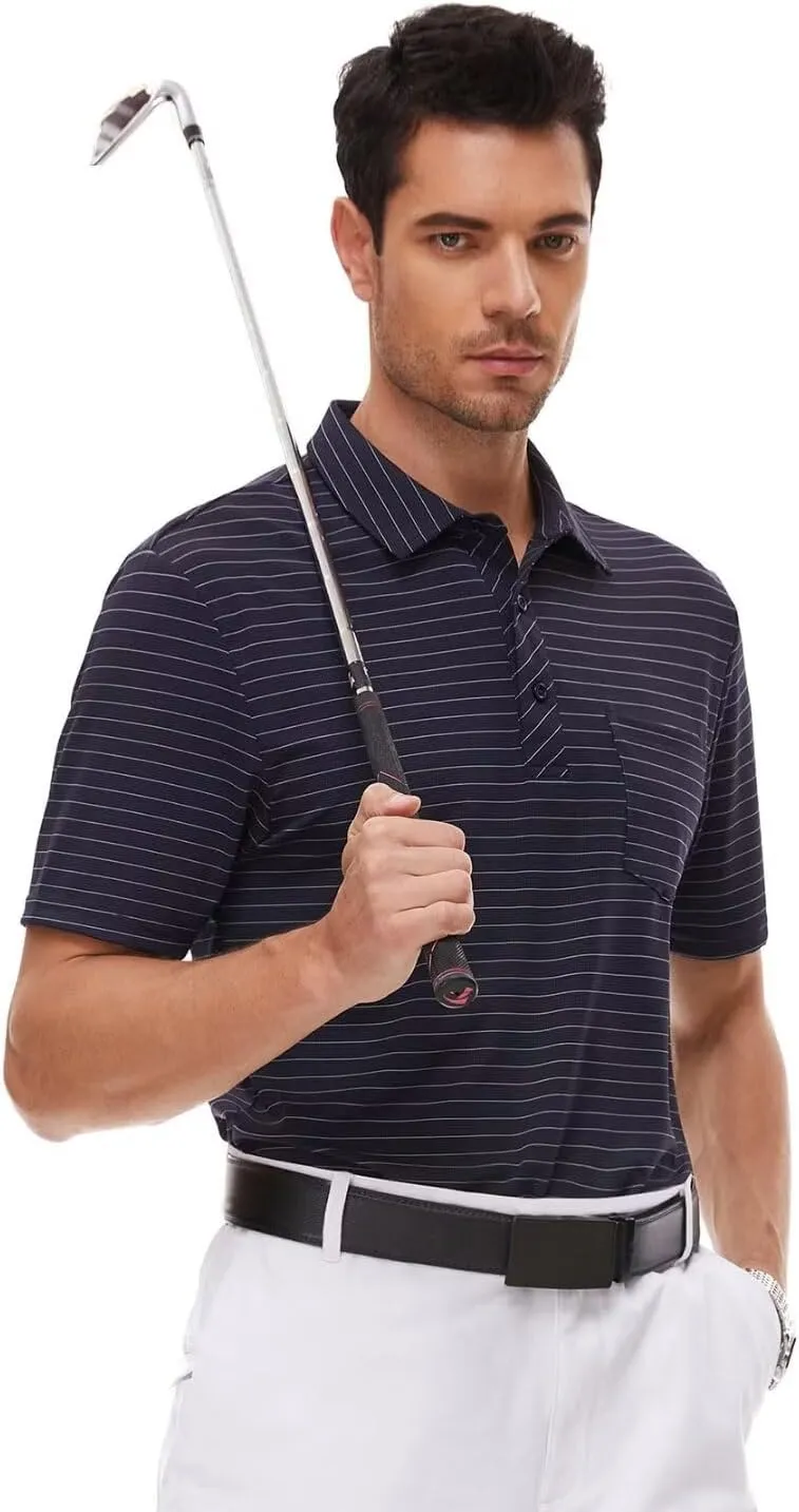 Pdbokew Men's Polo Shirts Short Sleeve Striped Golf Polo Shirt with Pocket