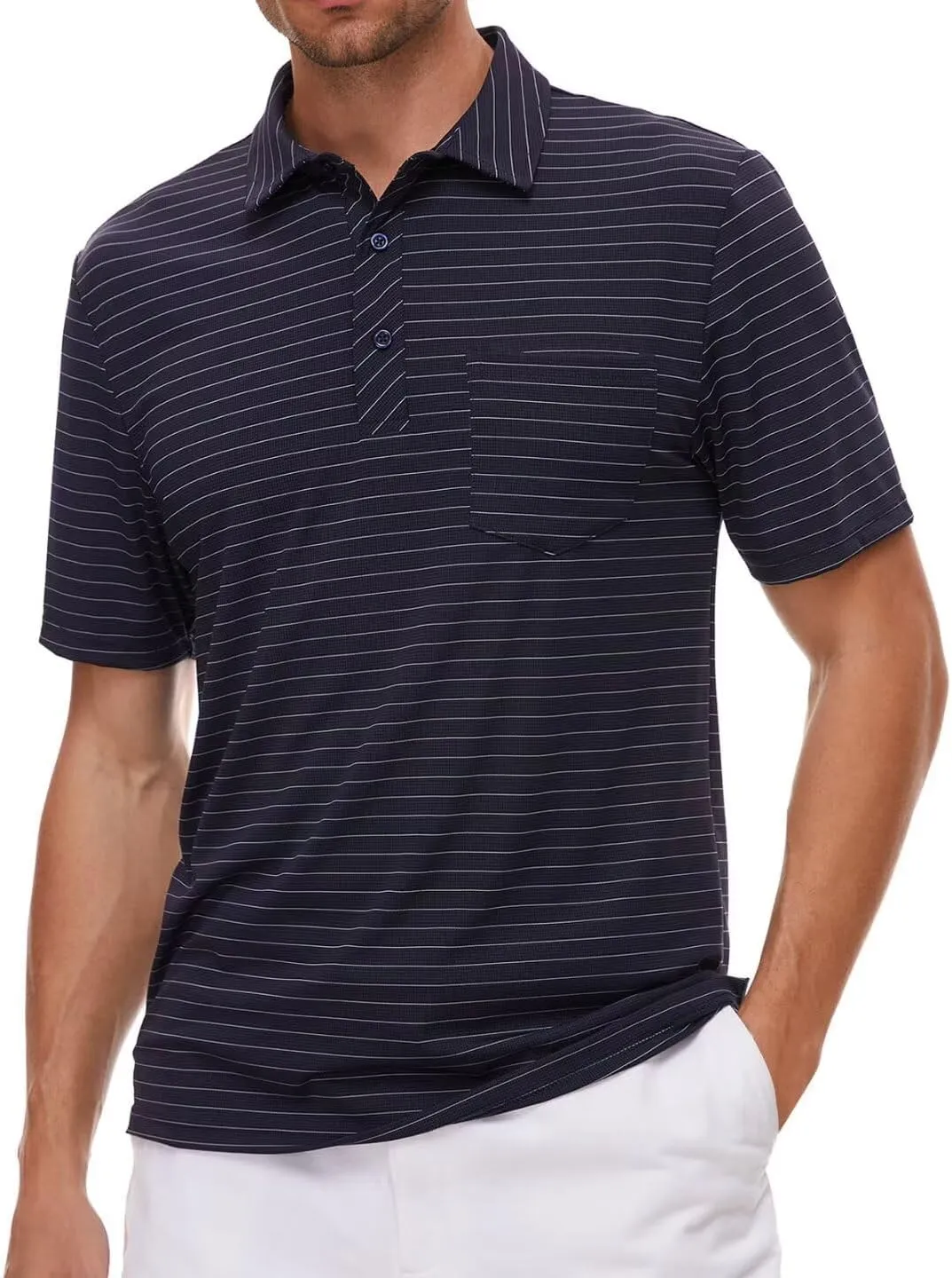 Pdbokew Men's Polo Shirts Short Sleeve Striped Golf Polo Shirt with Pocket