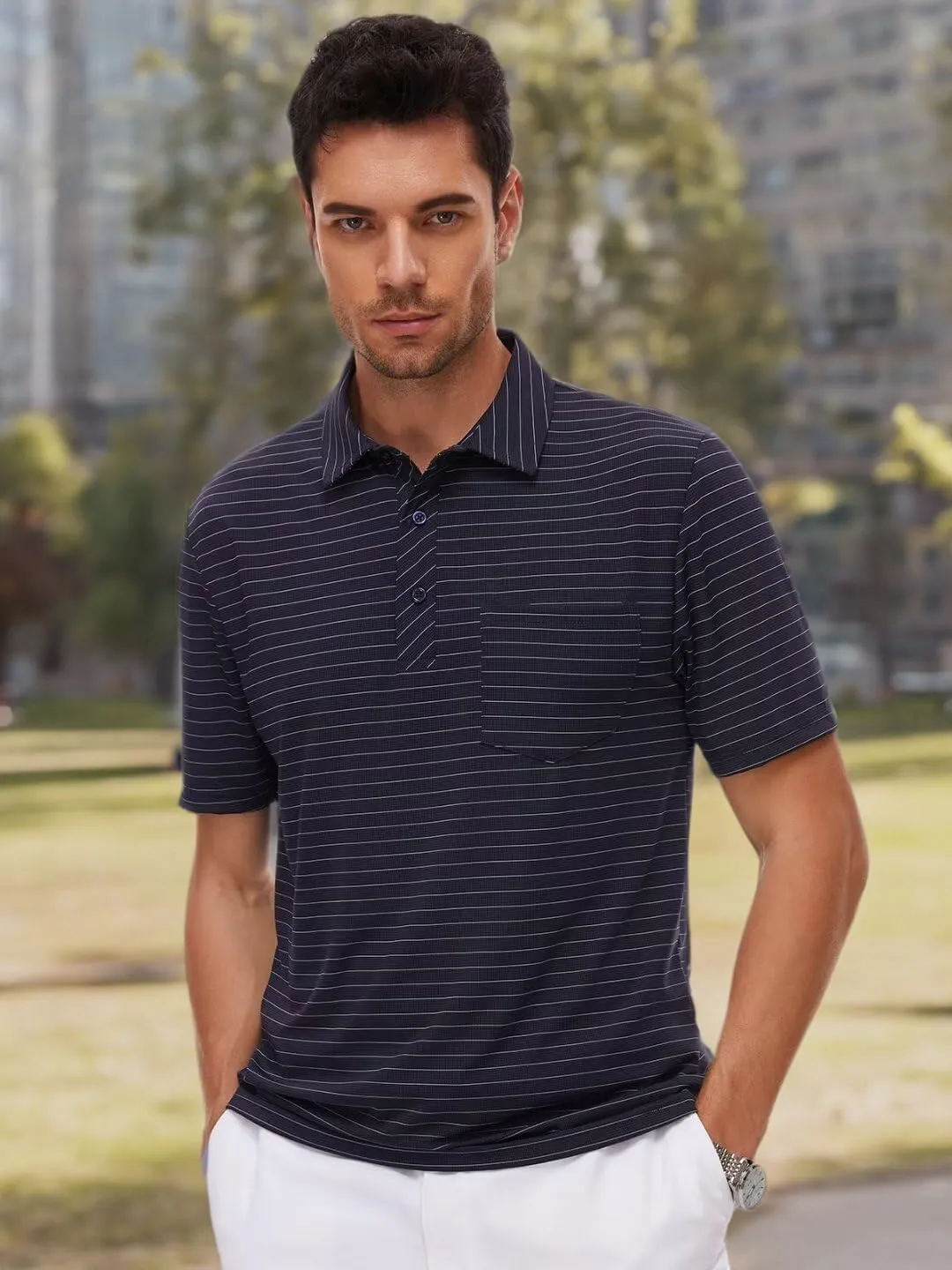 Pdbokew Men's Polo Shirts Short Sleeve Striped Golf Polo Shirt with Pocket
