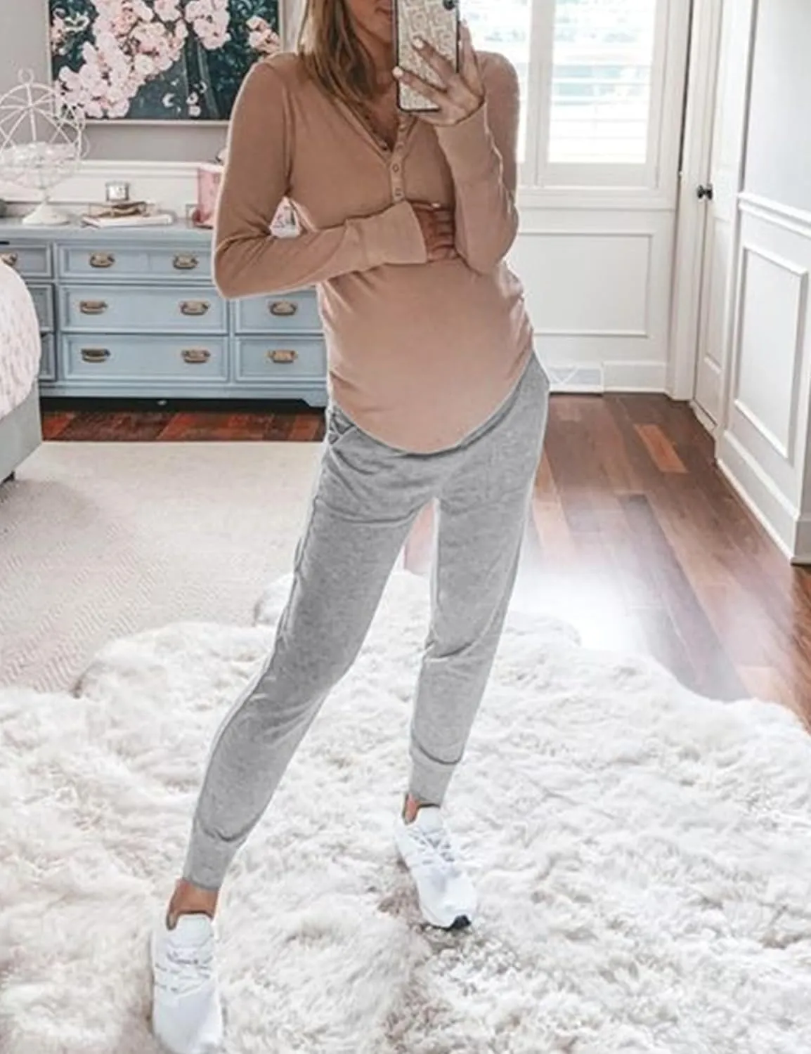 Peauty Buttery Soft Maternity Jogger Pants with Cuffed Tapered Legs, Over The Belly Design for Lounge & Active Wear
