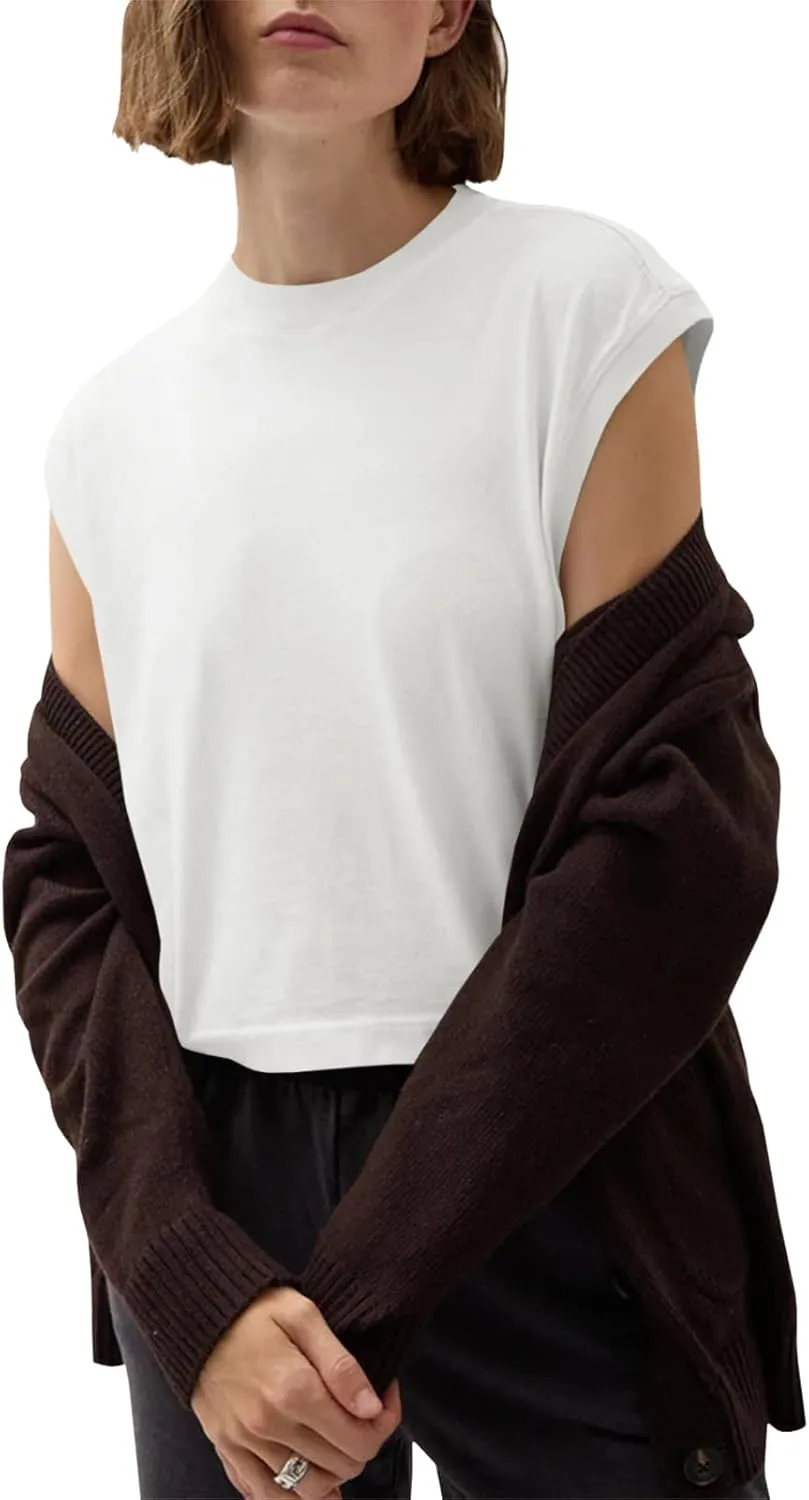 Tankaneo Womens Cropped Cap Sleeve Tank Tops Summer Casual Loose Fit Basic Tee Shirts