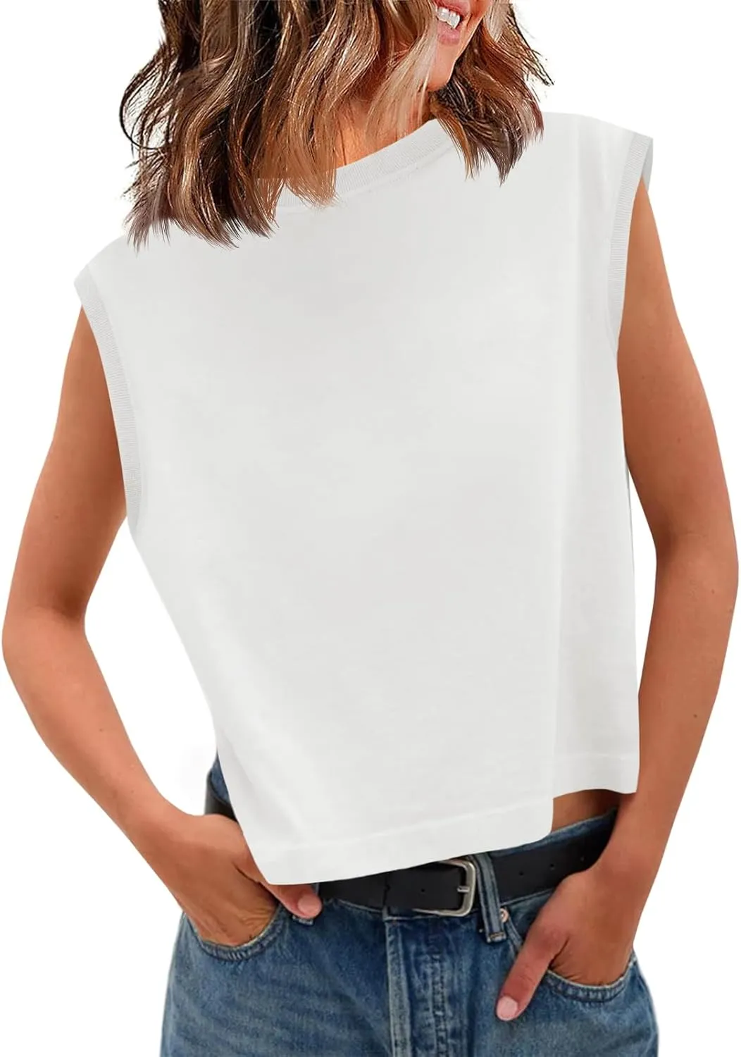 Tankaneo Womens Cropped Cap Sleeve Tank Tops Summer Casual Loose Fit Basic Tee Shirts