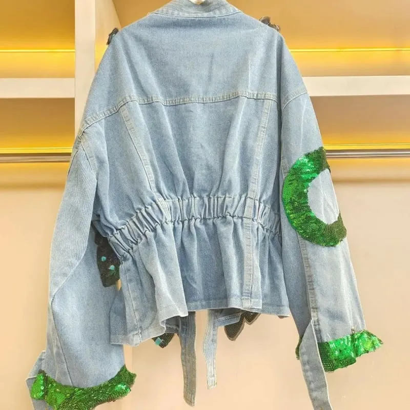 V-neck 3d Peacock Sequined Embroidered Denim Jacket for Women