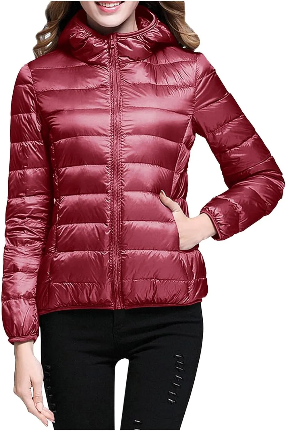 Womens Puffer Jacket Packable Down Jackets Winter Warm Lightweight Short Down Coat Full Zip Hooded Slim Fit Outwear