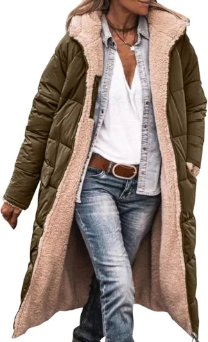 Women's Winter Hooded Quilted Coat Fleece Lined Long Puffer Jacket Winter Fashion Warm Reversible Zip Up Padded Coat